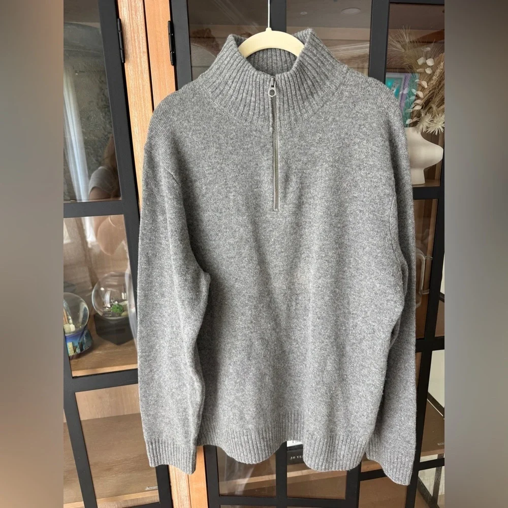 J. Crew merino wool half-zip sweater rib knit heather grey 1/4 Marled rugged